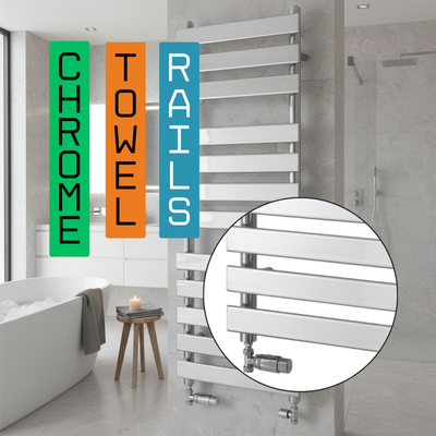 Chrome towel rail radiator in a bright bathroom with polished chrome finish detail