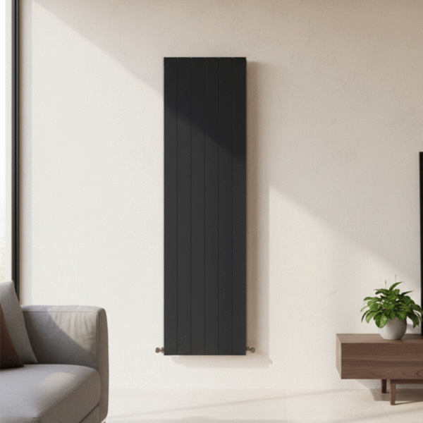 1800mm x 450mm matt black vertical designer radiator installed in a modern UK interior room, shown wall-mounted in situ