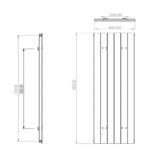 1800mm x 450mm matt black vertical designer radiator technical specification image showing dimensions, heat output and installation details