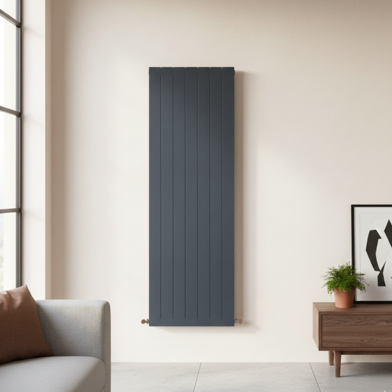 Keyworth Vertical Radiator 1800mm x 600mm Anthracite Roomshot 1800mm x 600mm anthracite vertical designer radiator installed in a modern UK interior room, shown wall-mounted in situ