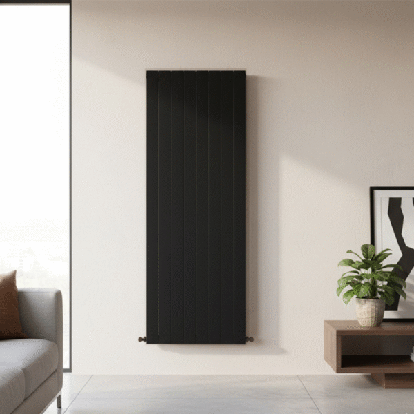 1800mm x 600mm matt black vertical designer radiator installed in a modern UK interior room, shown wall-mounted in situ