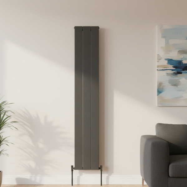 1800mm x 305mm anthracite double vertical radiator installed in a modern UK interior room, shown wall-mounted in situ