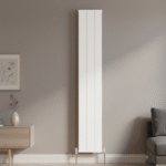 1800mm x 305mm white double vertical radiator installed in a modern UK interior room, shown wall-mounted in situ