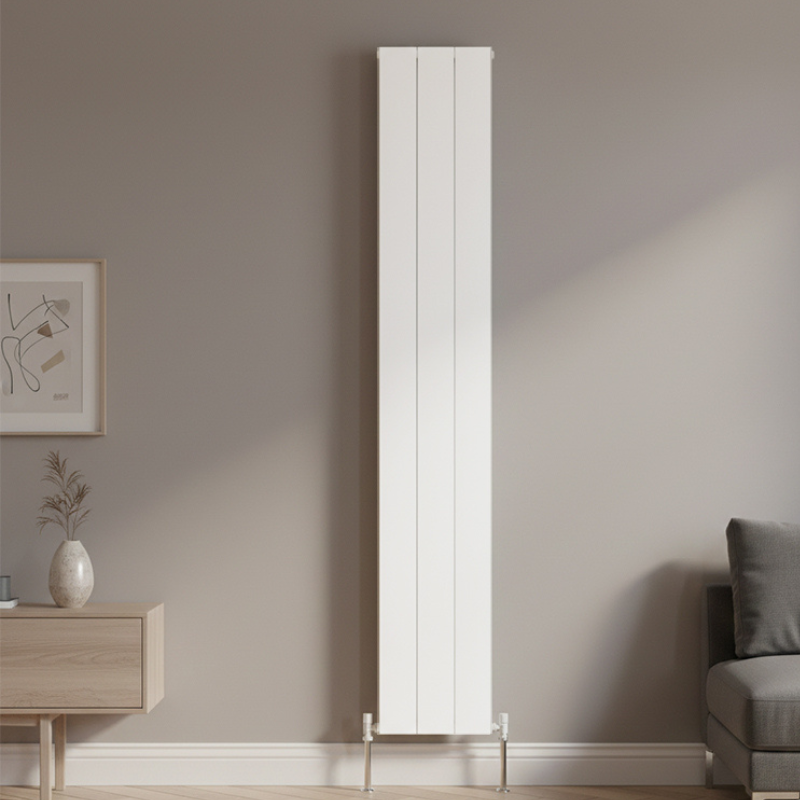 Sheringham Double Vertical Radiator 1800mm x 305mm White Roomshot 1800mm x 305mm white double vertical radiator installed in a modern UK interior room, shown wall-mounted in situ