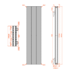 1800mm x 305mm white double vertical radiator technical specification image showing dimensions, heat output and installation details