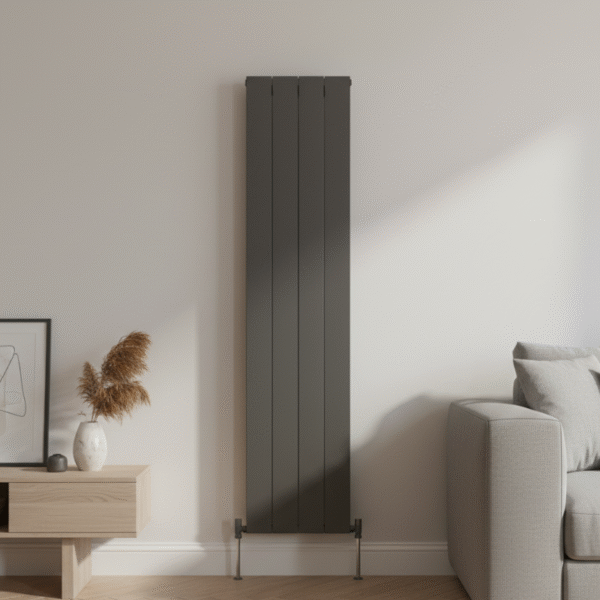 1800mm x 407mm anthracite double vertical radiator installed in a modern UK interior room