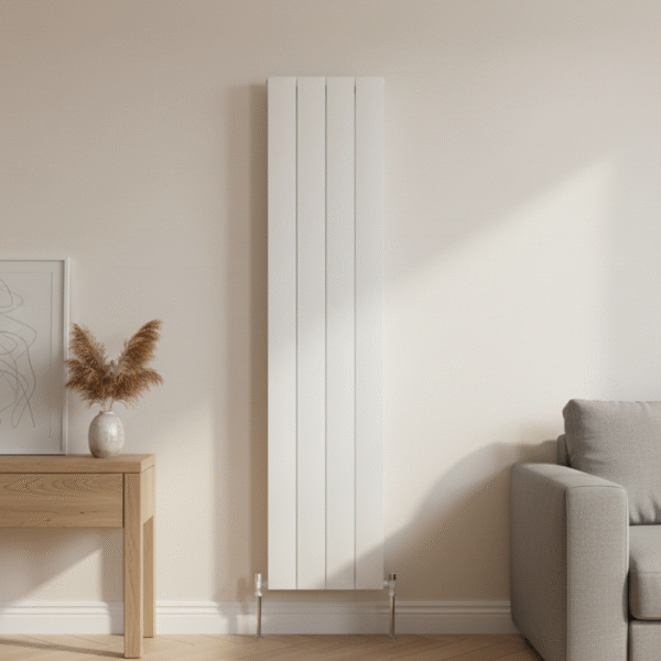 1800mm x 407mm white double vertical radiator installed in a modern UK interior room