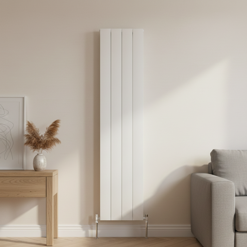Sheringham Double Vertical Radiator 1800mm x 407mm White Roomshot 1800mm x 407mm white double vertical radiator installed in a modern UK interior room