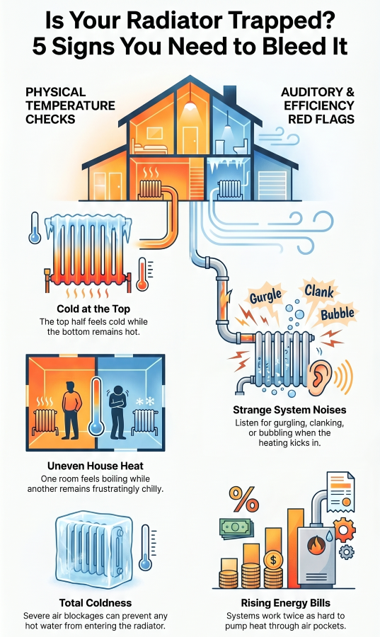 Infographic showing five common signs that a radiator needs bleeding, including cold spots at the top, uneven house heating, strange noises, rising energy bills, and radiators remaining completely cold.