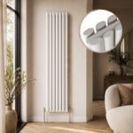 Alma Double Oval Vertical Designer Radiator 1600x360mm White installed in a modern interior with close-up inset highlighting the smooth oval tube design.