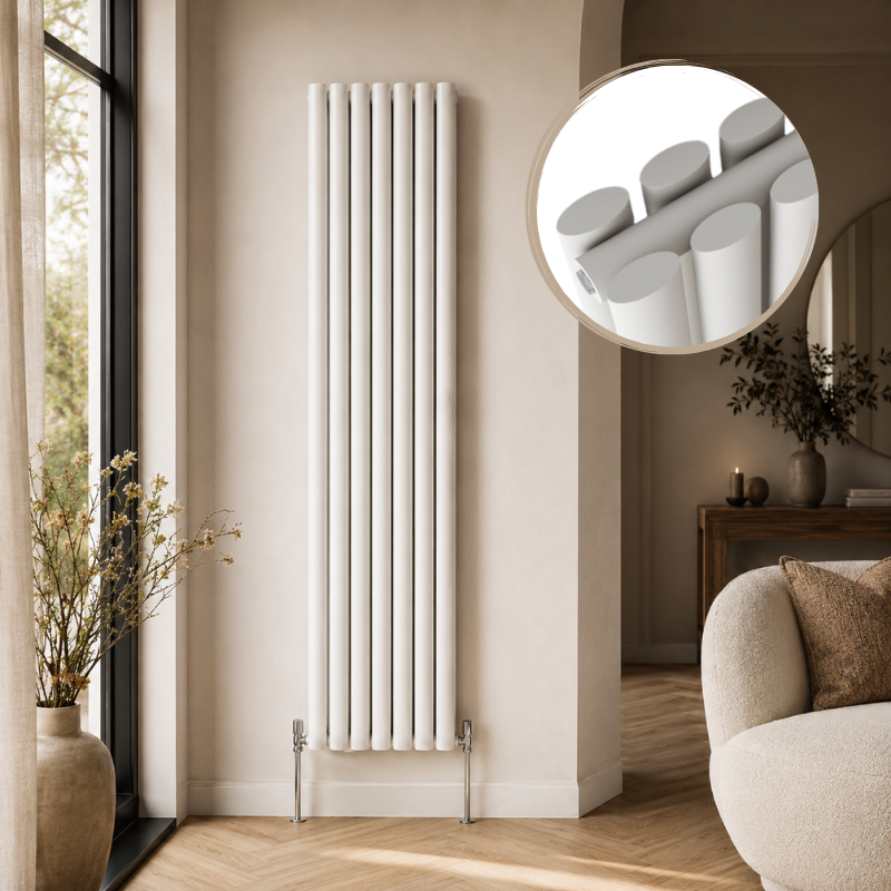 Alma Double Oval Vertical Designer Radiator 1600x360mm White installed in a modern interior with close-up inset highlighting the smooth oval tube design.