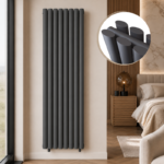 Alma Double Oval Vertical Designer Radiator 1600x480mm Anthracite installed in a luxury modern bedroom interior with close-up inset highlighting the smooth oval tube design.