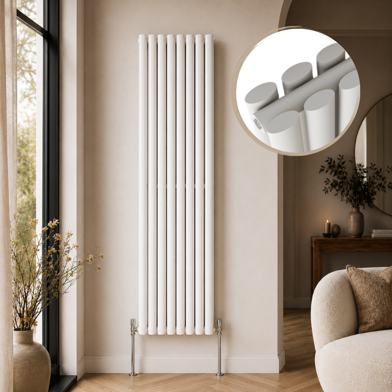Alma Double Oval Vertical Designer Radiator 1600x480mm White installed in a modern interior with close-up inset highlighting the smooth oval tube design.