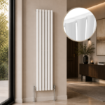 Alma Single Oval Vertical Designer Radiator 1600x360mm White installed in a luxury modern interior with close-up inset highlighting the smooth oval tube design.