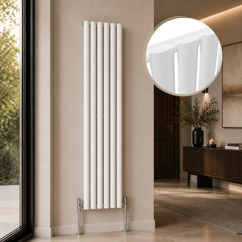 Alma Single Oval Vertical Designer Radiator 1600x360mm White installed in a luxury modern interior with close-up inset highlighting the smooth oval tube design.