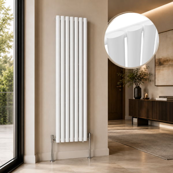 Alma Single Oval Vertical Designer Radiator 1600x480mm White installed in a luxury modern interior with close-up inset highlighting the smooth white oval tube design.