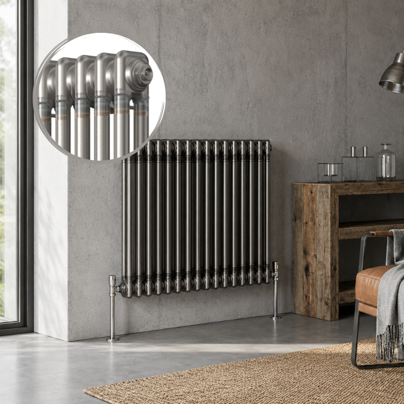 Aura 2 Column Horizontal Radiator 600x785mm Raw Metal installed in an industrial-style interior with close-up inset showing the premium raw metal finish.