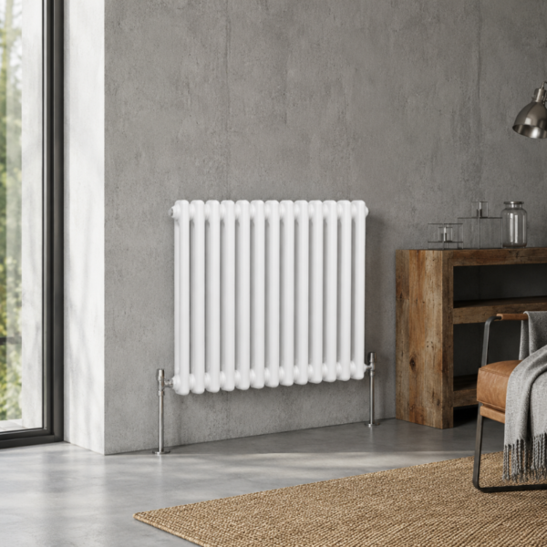 Aura 2 Column Horizontal Radiator 600x785mm White installed in a modern living space with wooden flooring and neutral décor.