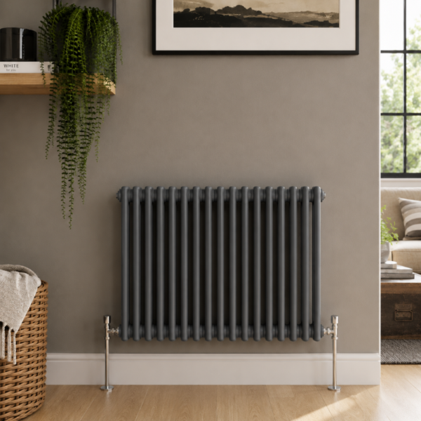 Aura 2 Column Horizontal Radiator 600x830mm Anthracite installed in a modern living space with wooden flooring and neutral décor.