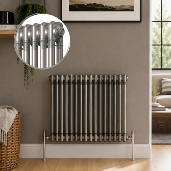 Aura 2 Column Horizontal Radiator 600x830mm Raw Metal installed in a modern living space with close-up inset highlighting the premium raw metal finish.