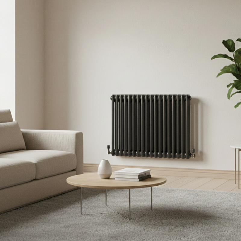 Aura 2 Column Horizontal Radiator 600mm x 830mm Raw Metal Roomshot Raw metal 2 column horizontal radiator wall mounted in a minimalist living room setting