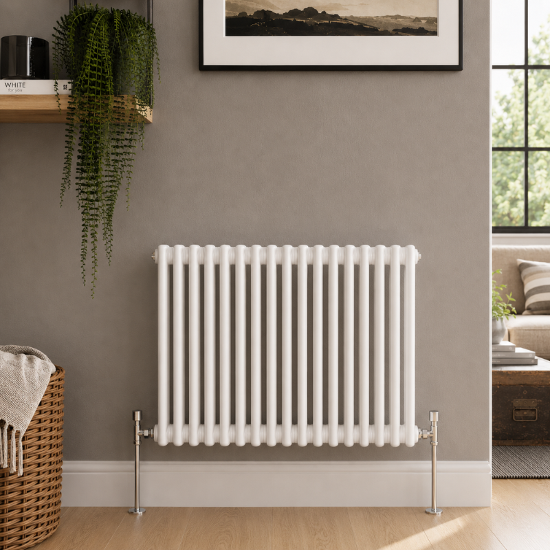 Aura 2 Column Horizontal Radiator 600mm x 830mm White Aura 2 Column Horizontal Radiator 600x830mm White installed in a modern living space with wooden flooring and neutral décor.