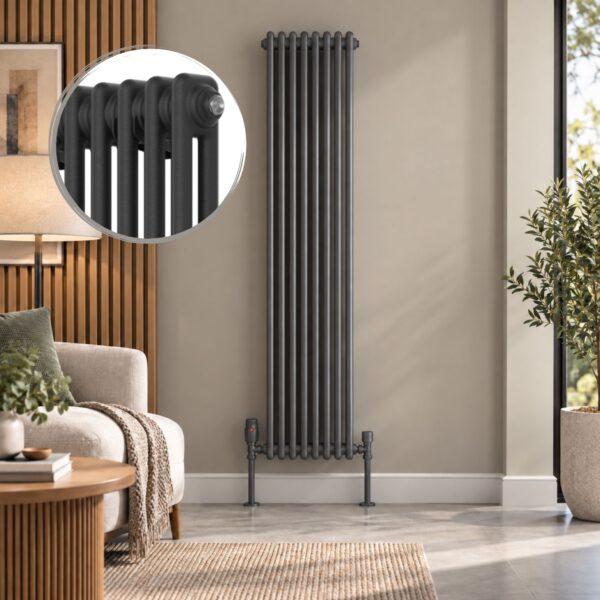 Aura 2 Column Vertical Radiator 1800mm x 380mm in Anthracite with close-up of classic column design
