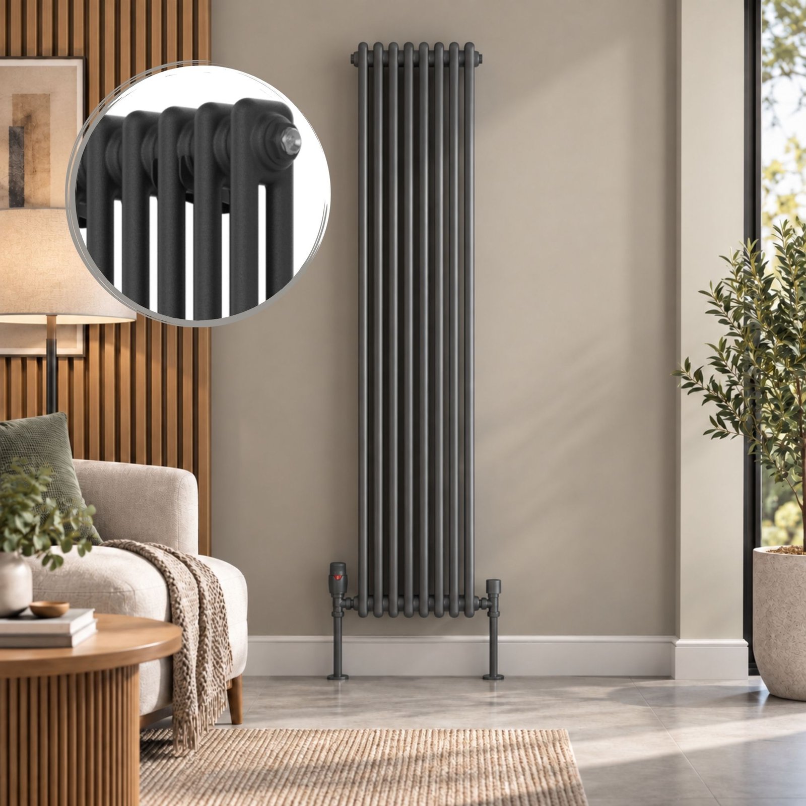 Aura 2 Column Vertical Radiator 1800mm x 380mm Anthracite With Closeup Aura 2 Column Vertical Radiator 1800mm x 380mm in Anthracite with close-up of classic column design