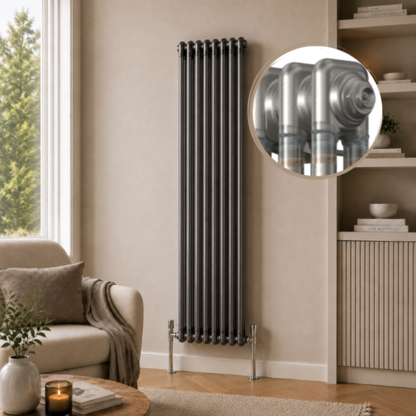 Aura 2 Column Vertical Radiator 1800x380mm Raw Metal installed in a modern living room with close-up inset highlighting the premium raw metal finish.