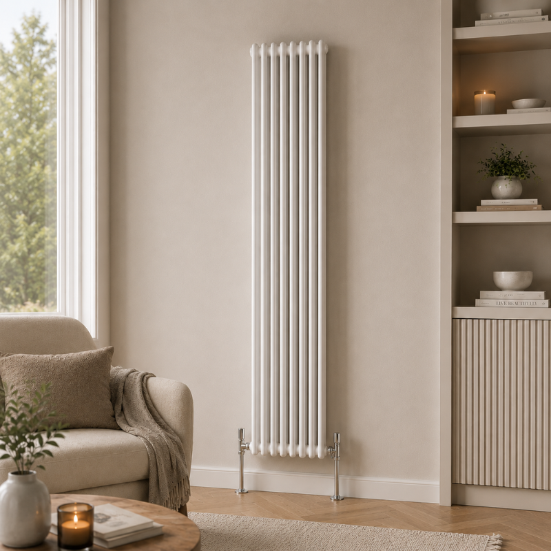 Aura 2 Column Vertical Radiator 1800x380mm White installed in a warm neutral living room with modern shelving and wooden flooring.
