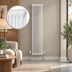 Aura 2 Column Vertical Radiator 1800mm x 380mm in White with close-up of classic column design