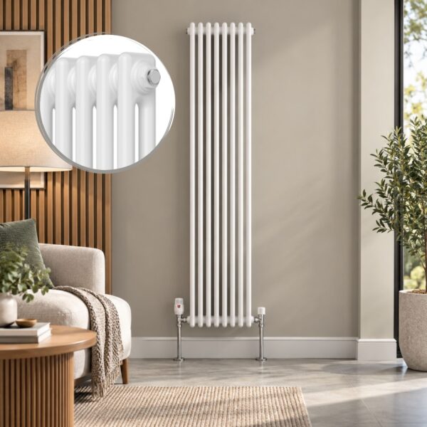 Aura 2 Column Vertical Radiator 1800mm x 380mm in White with close-up of classic column design