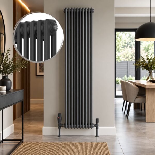 Aura 2 Column Vertical Radiator 1800mm x 425mm in Anthracite with close-up of classic column design