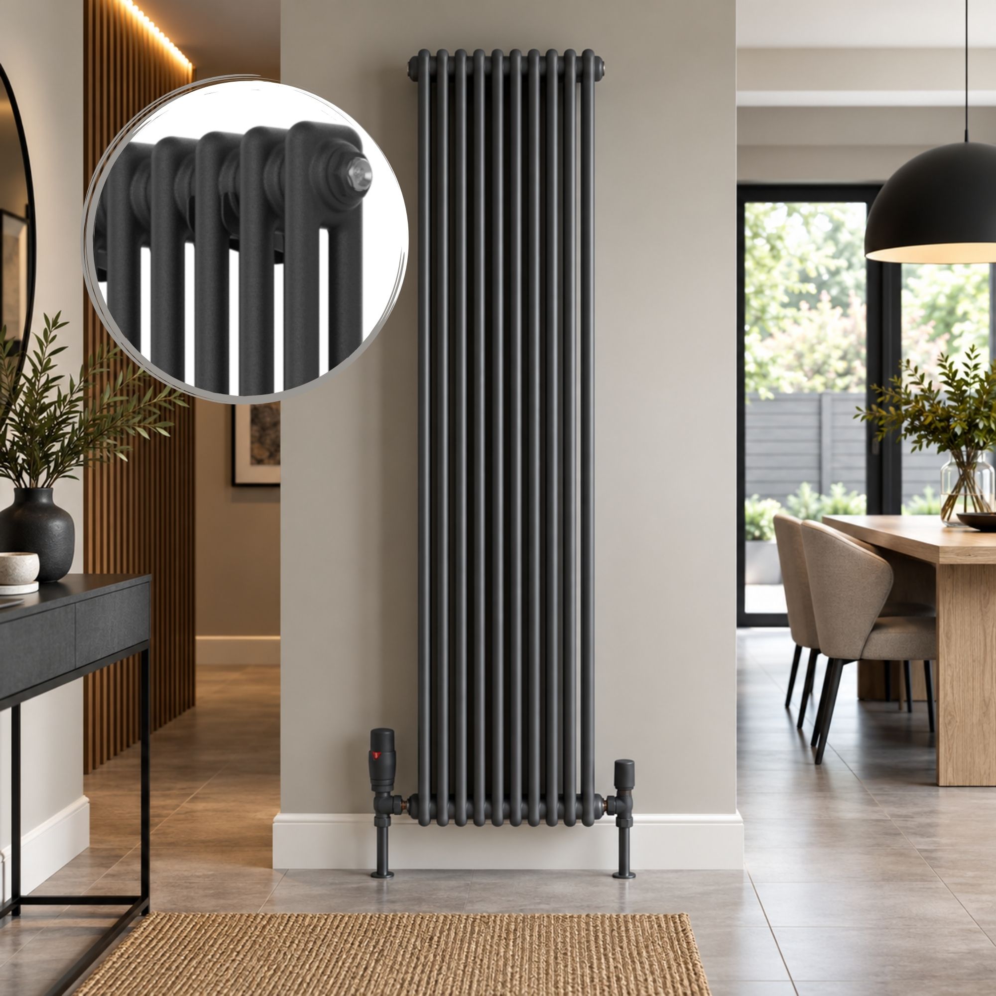 Aura 2 Column Vertical Radiator 1800mm x 425mm Anthracite With Closeup Aura 2 Column Vertical Radiator 1800mm x 425mm in Anthracite with close-up of classic column design