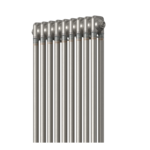 Close-up detail of the Aura Raw Metal vertical column radiator showing the premium industrial-style finish and rounded column design.