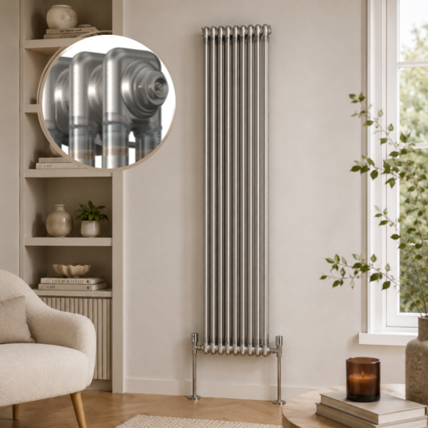 Aura 2 Column Vertical Radiator 1800x425mm Raw Metal installed in a modern neutral living room with shelving and wooden flooring.