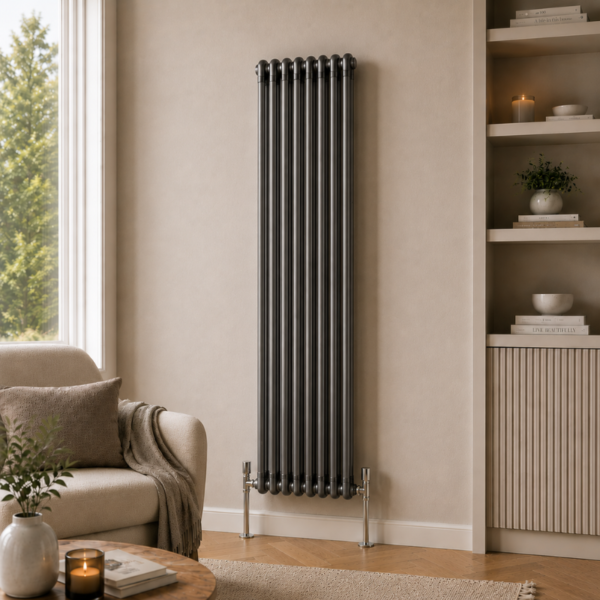 Aura 2 Column Vertical Radiator 1800x425mm Raw Metal installed in a modern neutral living room with shelving and wooden flooring.