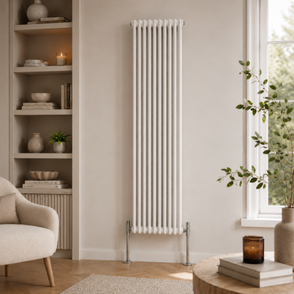 Aura 2 Column Vertical Radiator 1800x425mm White installed in a bright modern living room with neutral décor and wooden flooring.