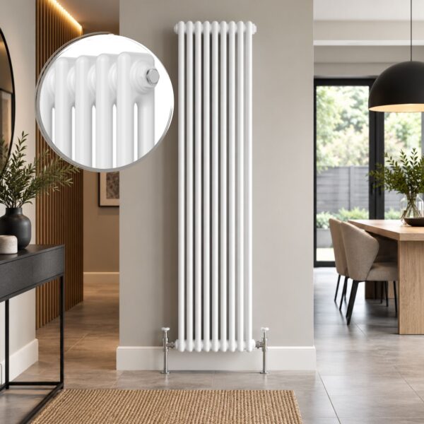 Aura 2 Column Vertical Radiator 1800mm x 425mm in White with close-up of classic column design