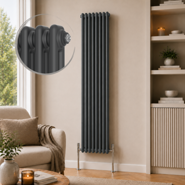 Aura 2 Column Vertical Radiator 1800x470mm Anthracite installed in a warm neutral living room with modern shelving and wooden flooring.