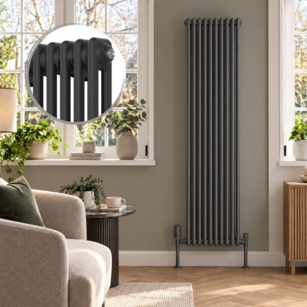 Aura 2 Column Vertical Radiator 1800mm x 470mm in Anthracite with close-up of column design