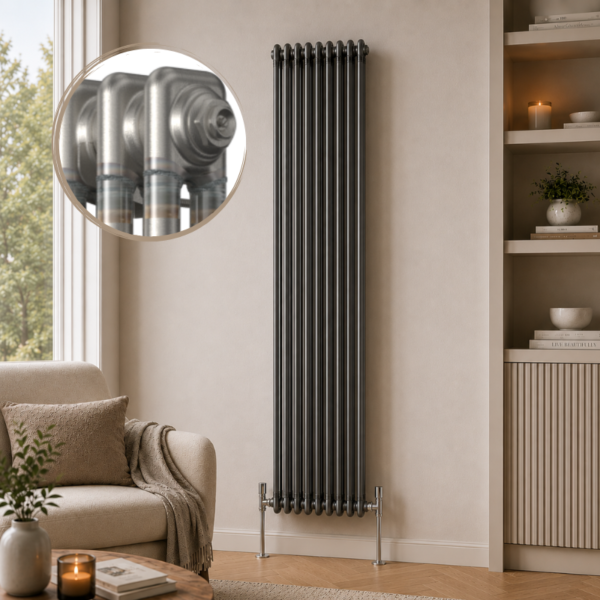 Aura 2 Column Vertical Radiator 1800x470mm Raw Metal installed in a modern living room with close-up inset showing the premium raw metal finish.