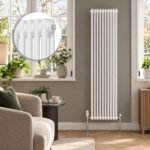 Aura 2 Column Vertical Radiator 1800mm x 470mm in White with close-up of column design