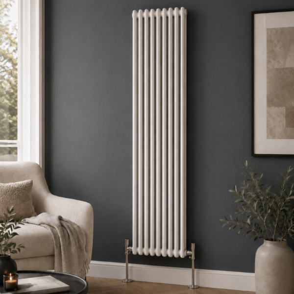 Aura 2 Column Vertical Radiator 1800x470mm White installed in a modern living room with dark feature wall and wooden flooring.