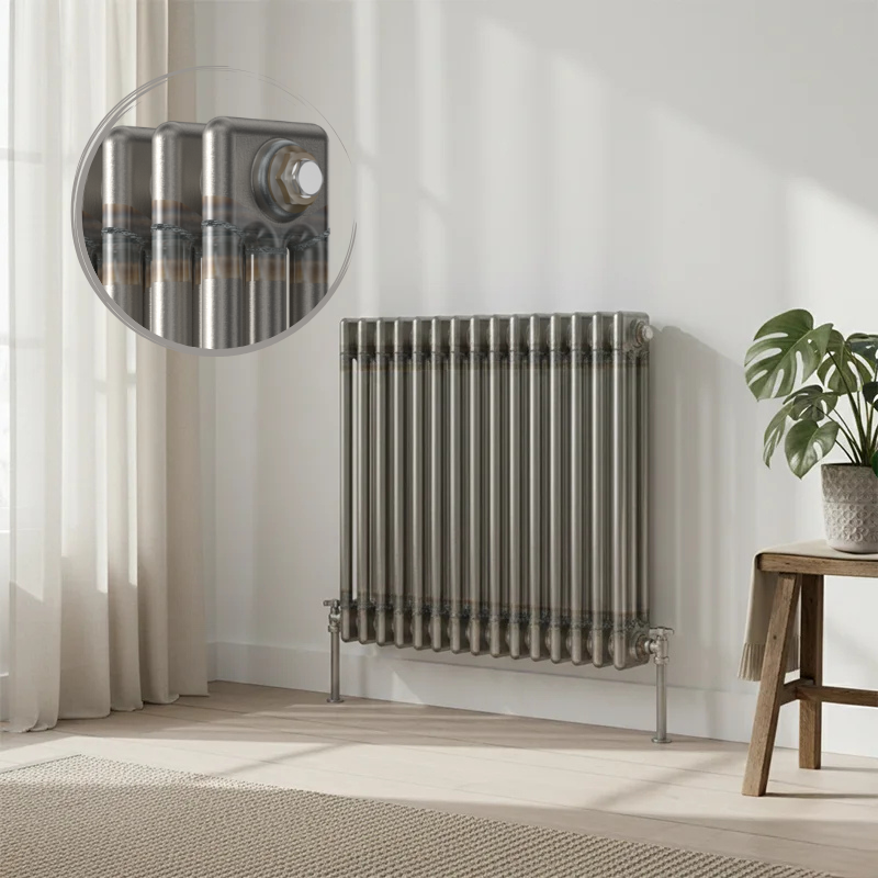 Aura 3 Column Horizontal Radiator 600mm x 605mm Raw Metal Aura 3 Column Horizontal Radiator 600x605mm Raw Metal installed in a bright modern interior with close-up inset highlighting the premium raw metal finish.