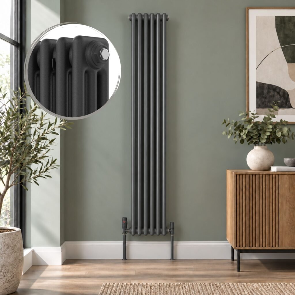 Anthracite Aura 3 column vertical radiator, 1800mm x 290mm, with close-up finish detail.