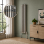 Aura 3 Column Vertical Radiator 1800x290mm Raw Metal installed in a modern living room with sage green wall and wooden cabinet.