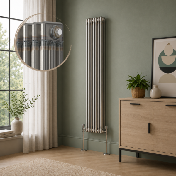 Aura 3 Column Vertical Radiator 1800x290mm Raw Metal installed in a modern living room with sage green wall and wooden cabinet.