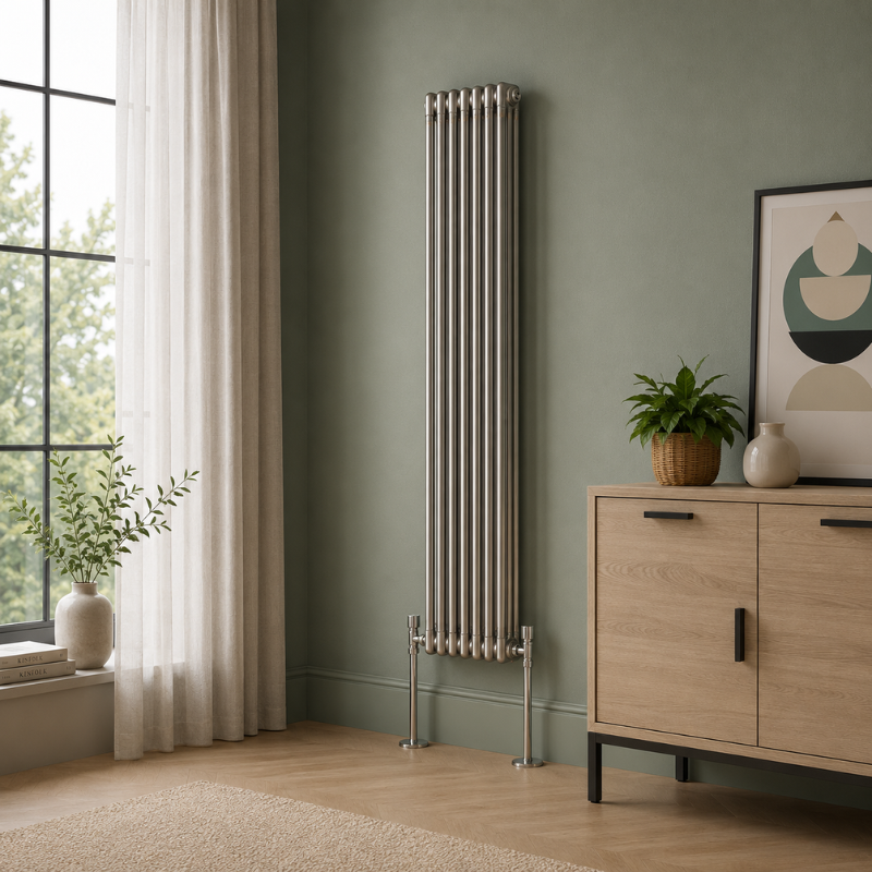 Aura 3 Column Vertical Radiator 1800x290mm Raw Metal installed in a modern living room with sage green wall and wooden cabinet.