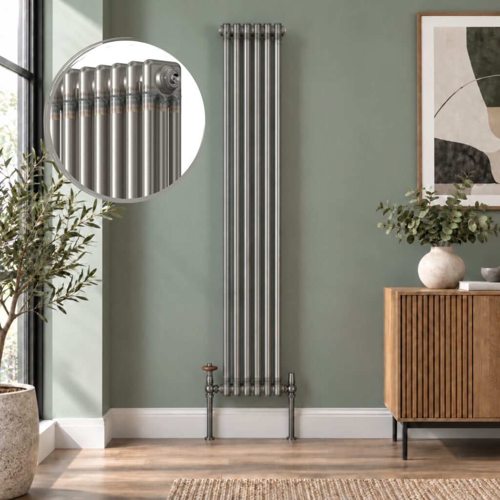 Aura 3 column vertical radiator, 1800mm x 290mm, in a raw metal finish with close-up detail.